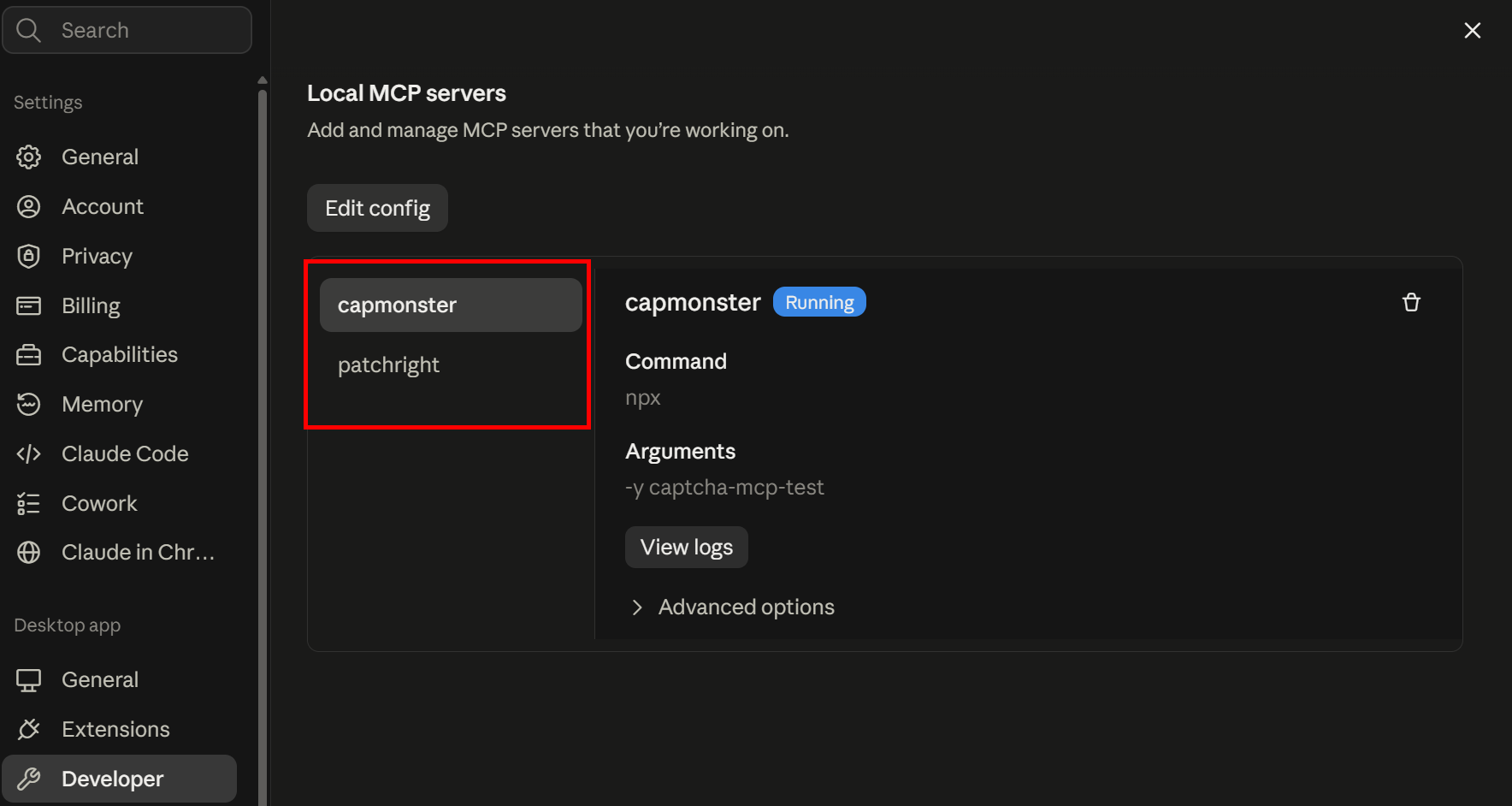 Подключённые локальные MCP-серверы в Claude Desktop